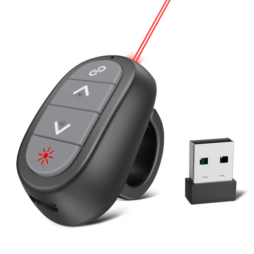 Finger Ring Presentation Clicker Wireless Presenter Remote: USB Rechargeable Clicker for PowerPoint Presentations, PowerPoint Clicker with Laser Pointer, Multi-OS Compatible