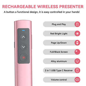 Pink Presentation Clicker for PowerPoint Presentations, Wireless Presenter PowerPoint Clicker with Red Light, [Aluminum Alloy] PPT Slideshow Remote Clicker for Mac, Computer