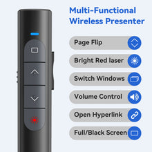 Load image into Gallery viewer, Presentation Clicker Wireless Presenter Remote, PowerPoint Clicker Computer Clicker with Red Light, Clickers for PowerPoint Presentations Slide Advancer with Volume Control for Mac/Laptop/Computer