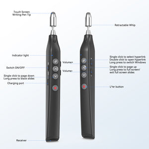 Wireless Presentation Clicker with Telescopic Pointer, Rechargeable Presenter Remote with Touch Screen Stylus, Powerpoint Clicker with Laser Pointer for Presentations, Red Light