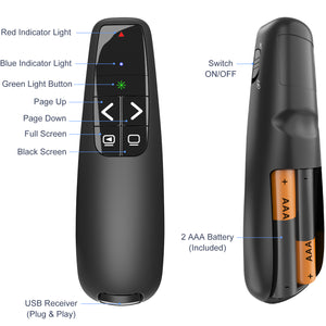 [2 in 1 USB C/A] Presentation Clickers, Powerpoint Clicker Wireless Presenter Remote, Presentation Pointer with Green Light PPT Slideshow Advancer Remote Control Slide Clicker for Mac, Computer