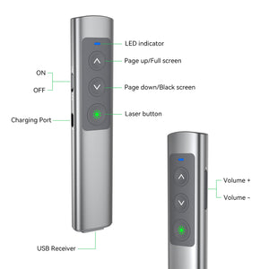 Metallic Presentation Clicker Presenter Remote - Rechargeable Wireless Presenter with Green Laser Pointer, 2 in 1 USB Clicker for PowerPoint & Google Slides, Compatible with MacBook/PC
